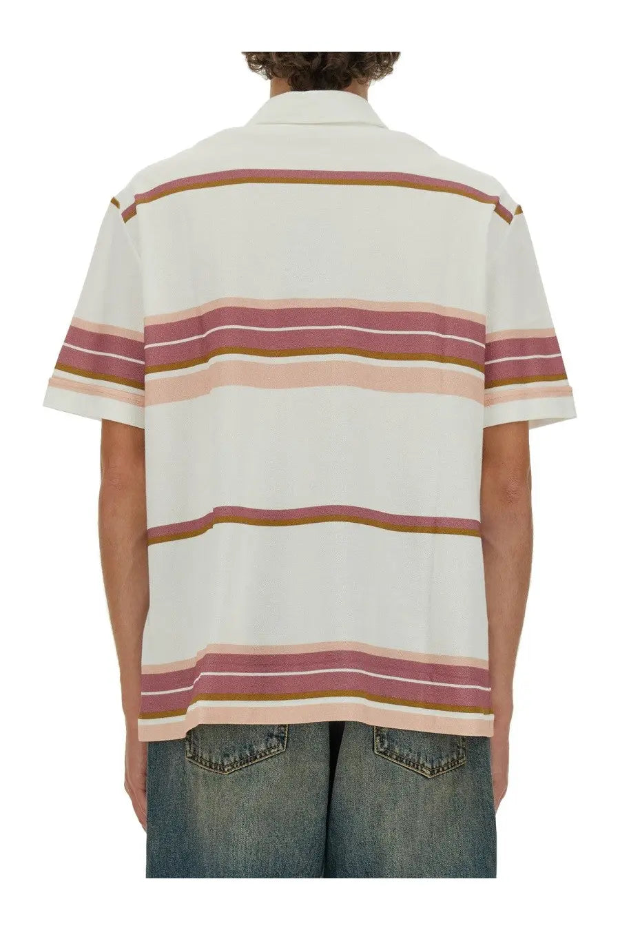 Etro men’s short-sleeved polo shirt with horizontal white dusty rose and muted brown stripes