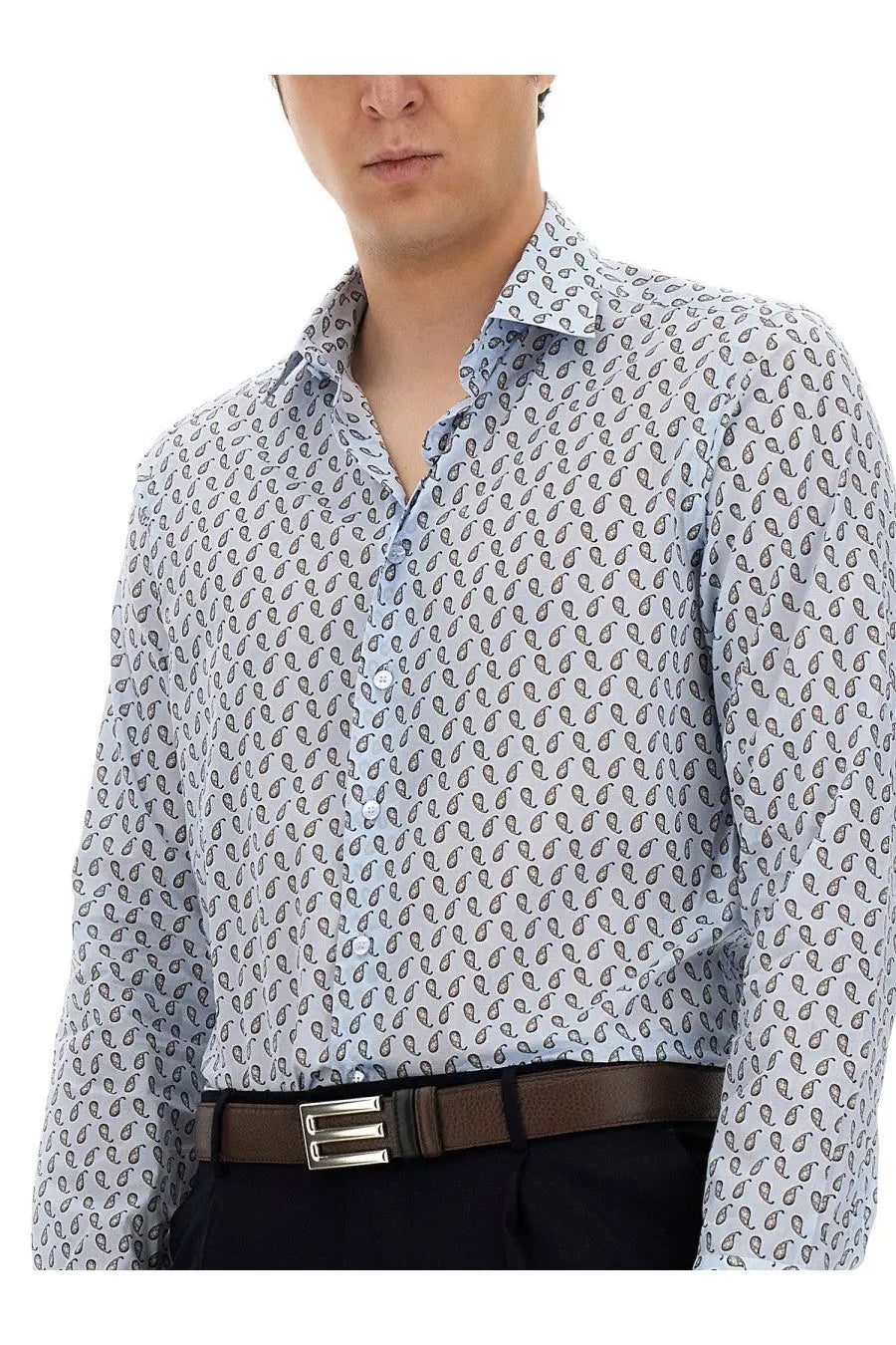 Etro men’s rome blue button-down shirt in light blue with subtle black and gray paisley pattern