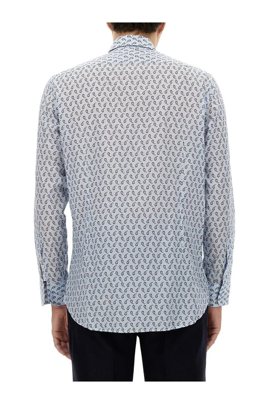 Etro men’s light blue button-down shirt with subtle black paisley pattern perfect for stylish casual wear