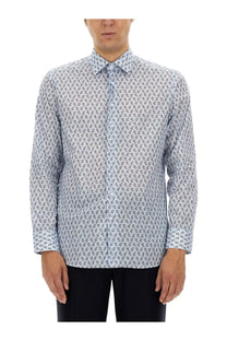 Etro men’s light blue long-sleeved button-down shirt with subtle dark blue paisley pattern Rome Blue