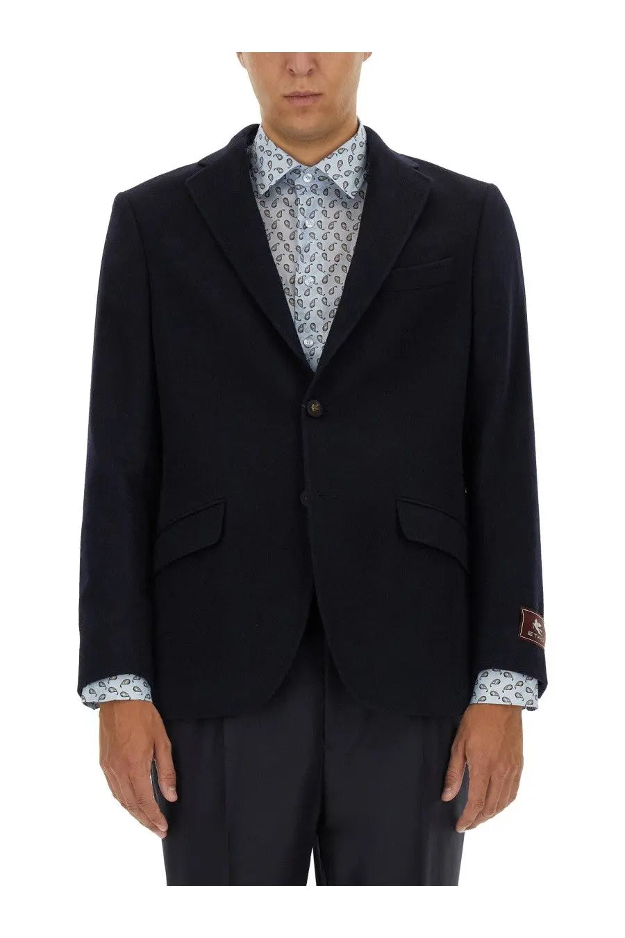 Etro men’s single breasted blue tailored blazer with single button closure and subtle paisley shirt cuffs