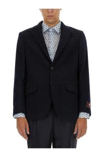 Etro men’s single breasted blue tailored blazer with single button closure and subtle paisley shirt cuffs