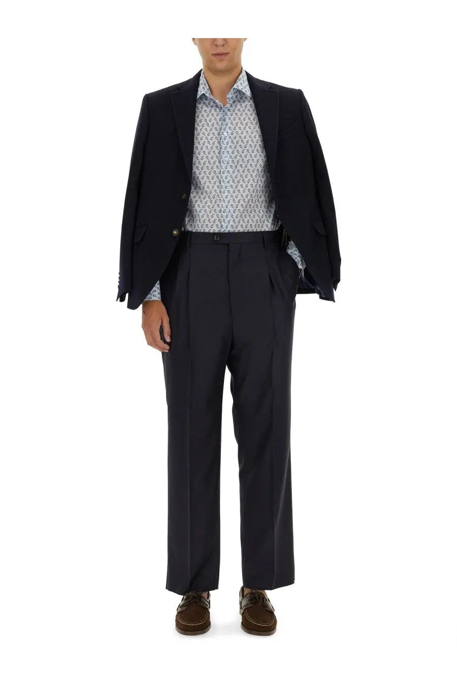 Etro men’s single breasted blue jacket paired with a black tailored suit and subtle patterned shirt underneath