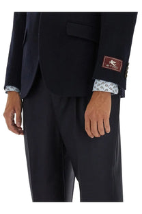 Etro men’s single breasted navy blue wool blazer with brown embroidered logo patch and patterned cuffs