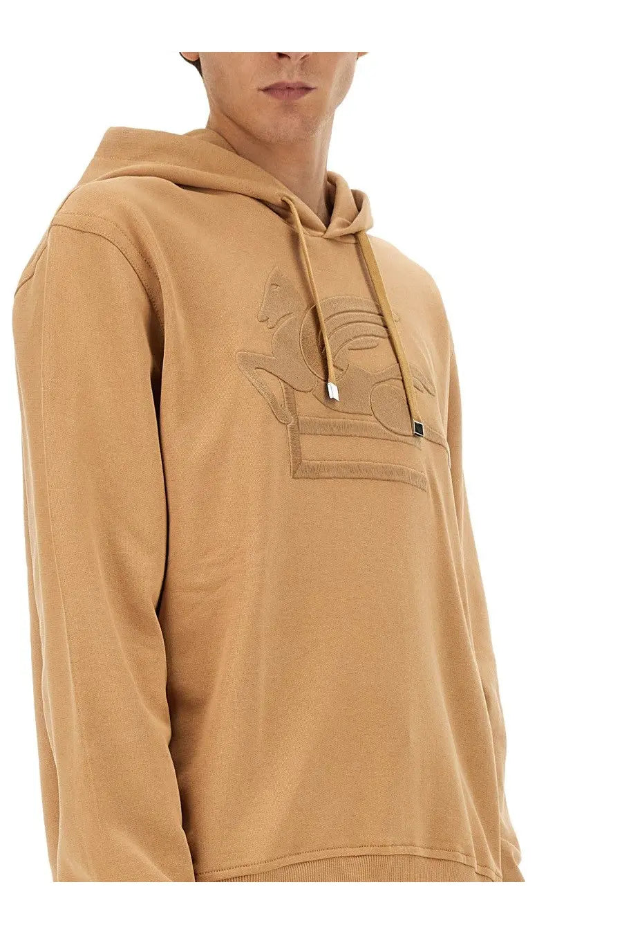 Etro men’s beige cotton sweatshirt with subtle embroidered logo on chest and matching drawstrings