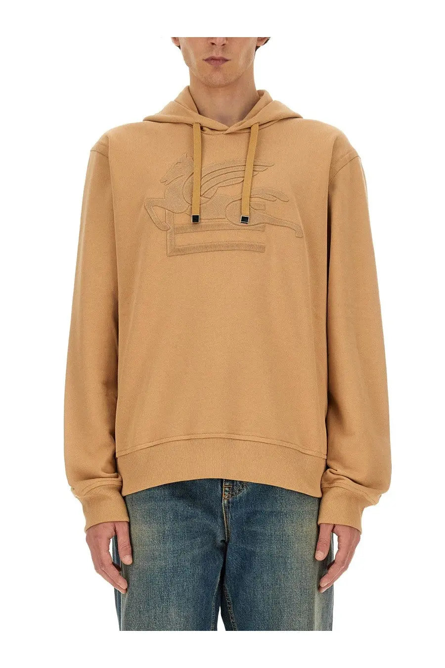 Etro men’s beige sweatshirt tan hooded with subtle embroidered logo on chest and matching drawstrings