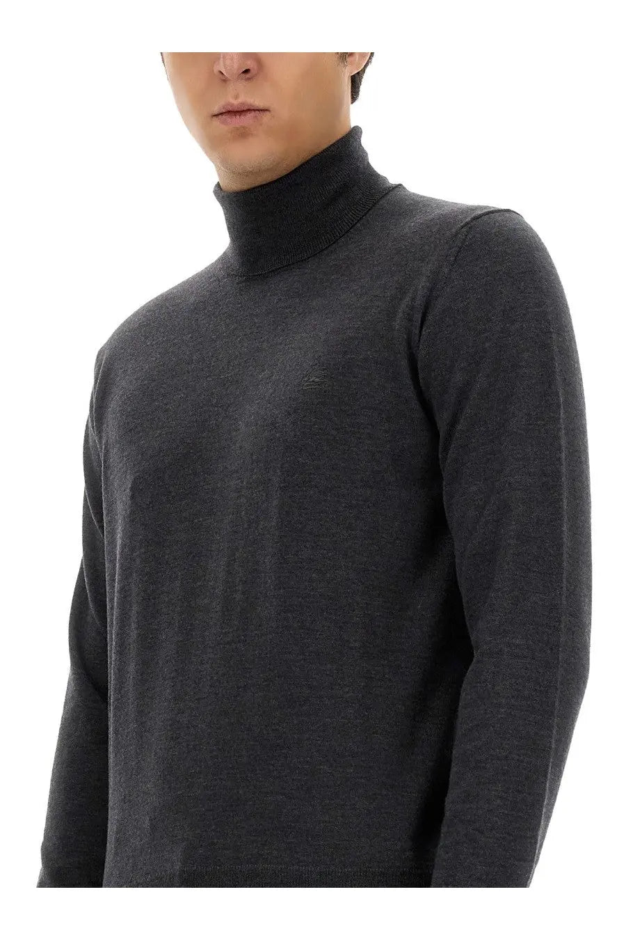 Dark gray merino wool turtleneck sweater with soft textured knit and ribbed collar from etro mens collection