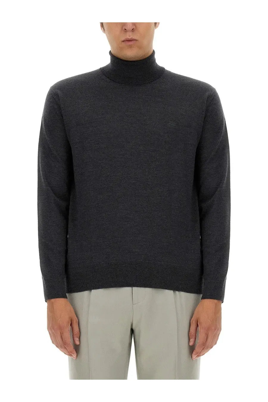 Etro men’s grey dark gray turtleneck sweater with fine knit texture made from soft material for stylish warmth