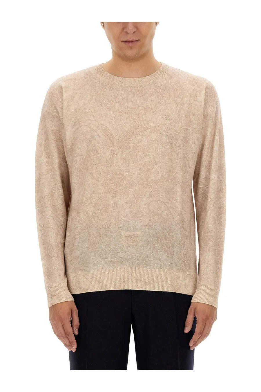Etron mens wool jersey white beige cashmere sweater with subtle paisley pattern and ribbed cuffs