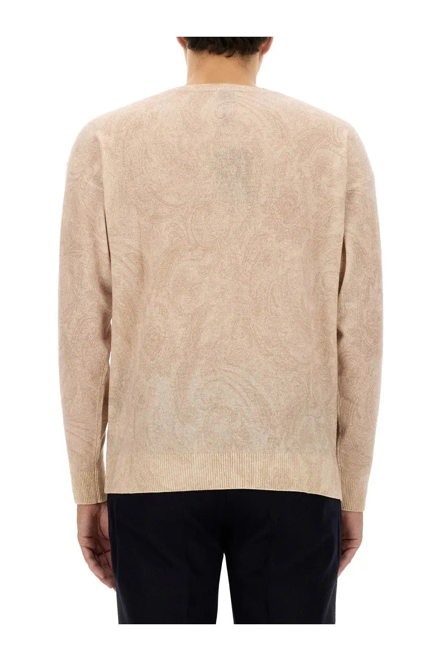 Etro men’s wool jersey beige paisley patterned knit sweater with ribbed cuffs and hem in white background