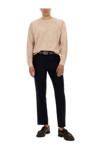 Etro men’s wool jersey white beige textured knit sweater with subtle pattern worn over dark navy trousers