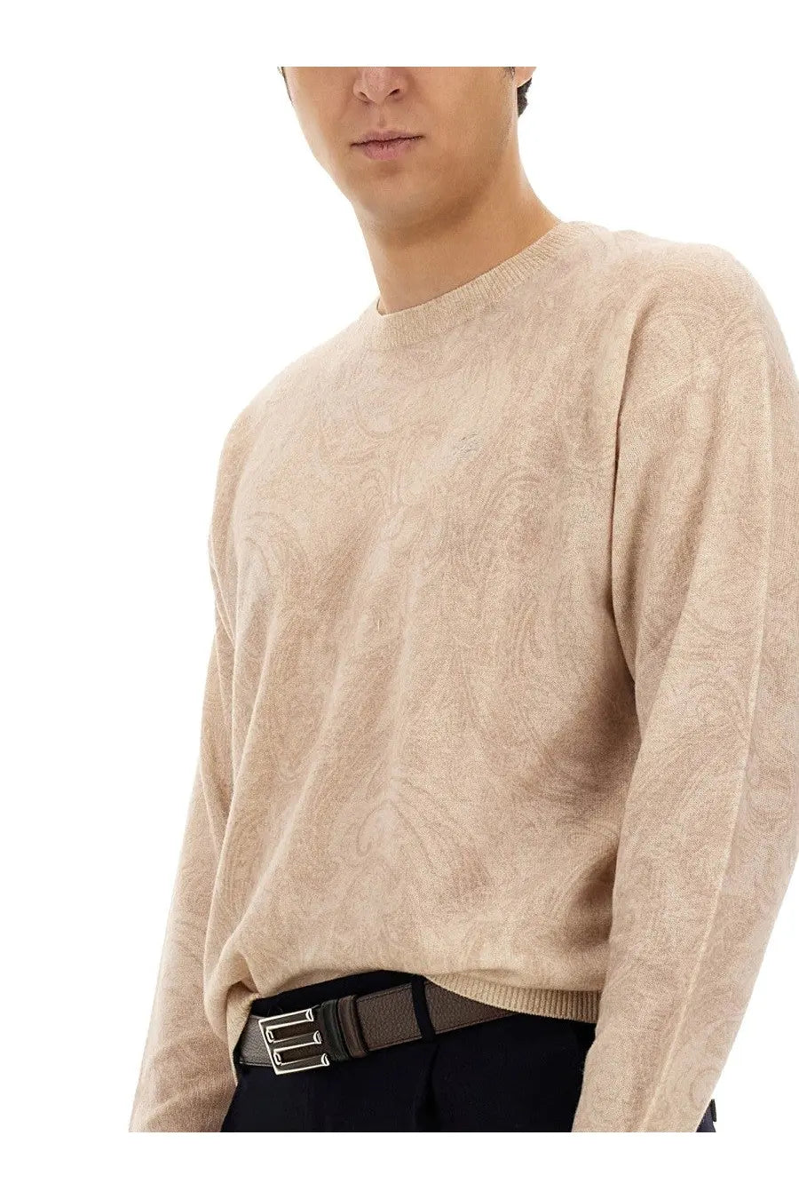 Beige textured knit sweater with subtle paisley pattern made of wool jersey by ETRO for men in white color