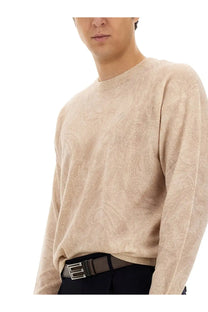 Beige textured knit sweater with subtle paisley pattern made of wool jersey by ETRO for men in white color