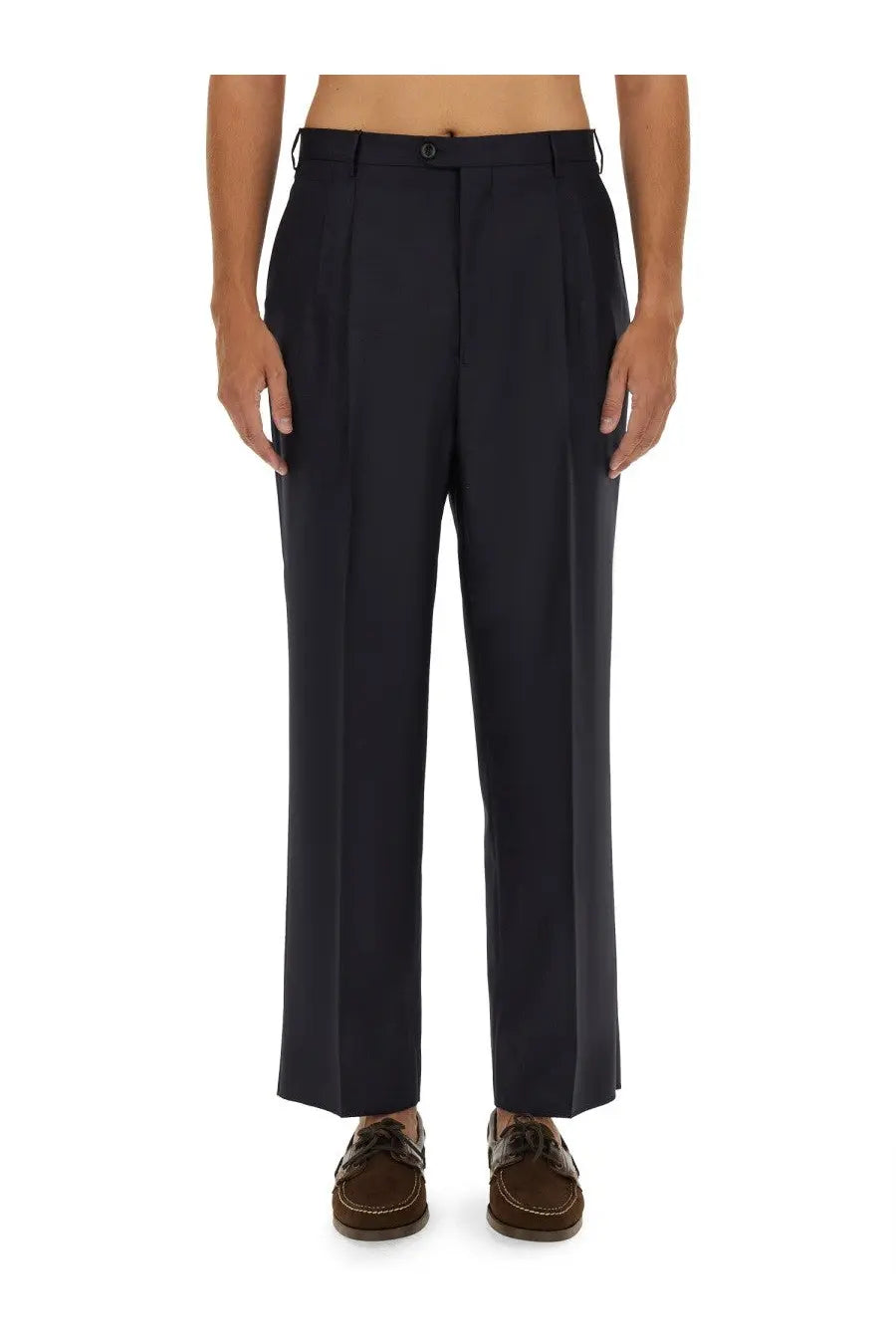 Dark navy pleated wool trousers with a classic straight-leg cut and button closure from etro mens wool pants blue