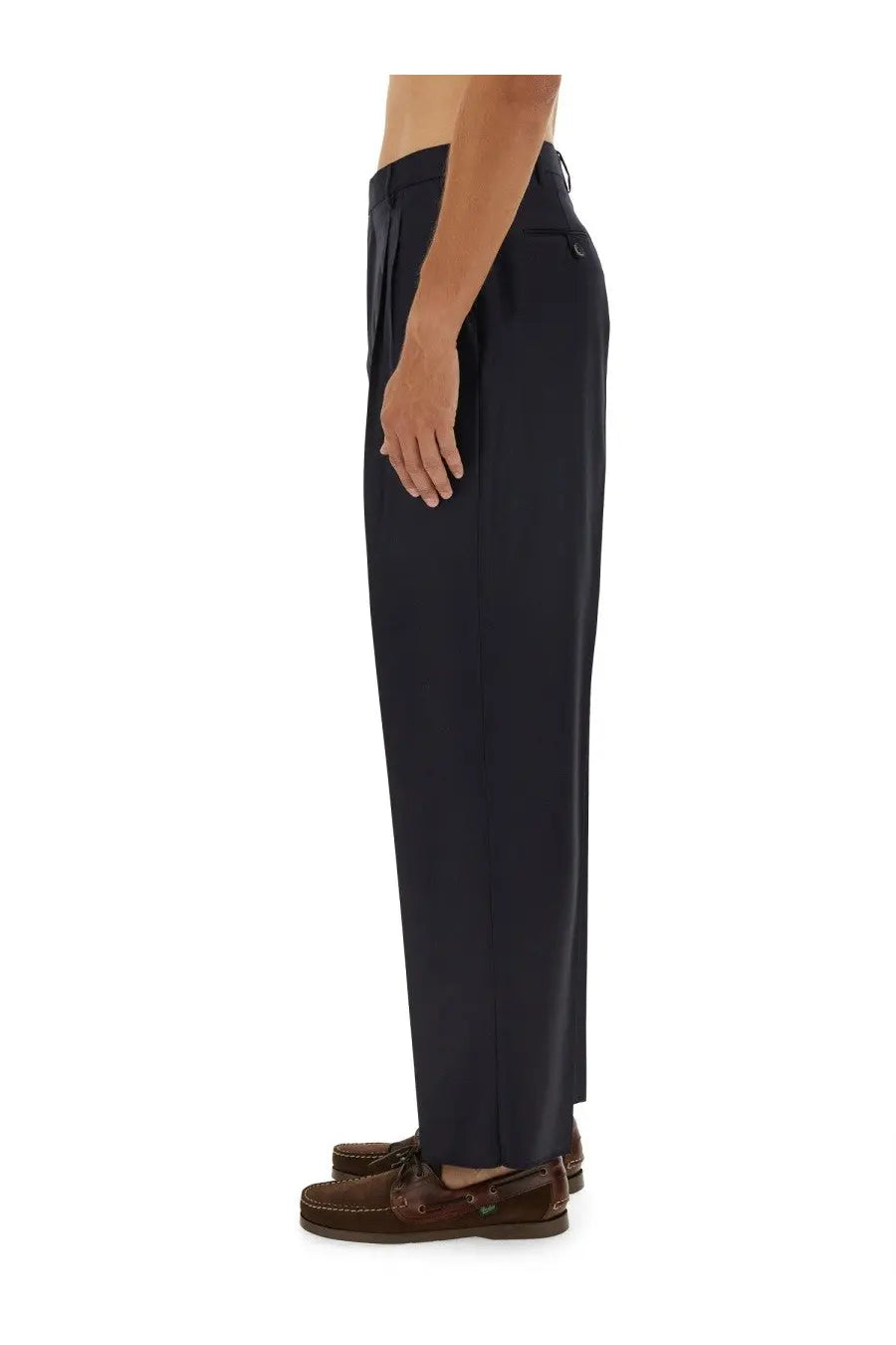 Dark navy ETRO men’s wool trousers with a sleek straight-leg cut and subtle pleats at the waistband