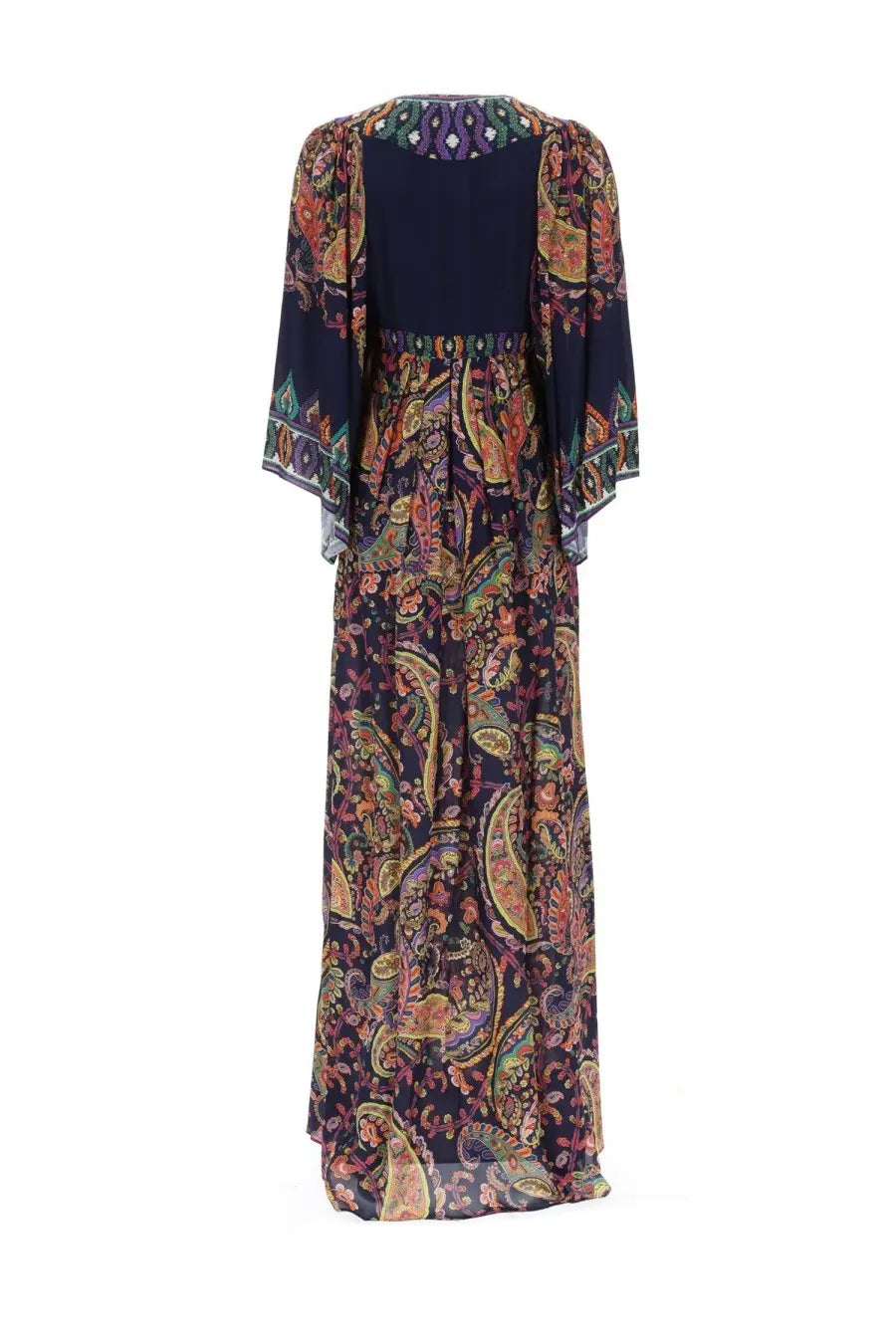 Etro women’s navy blue maxi dress with vibrant gold pink green paisley pattern wide flutter sleeves embroidered neckline