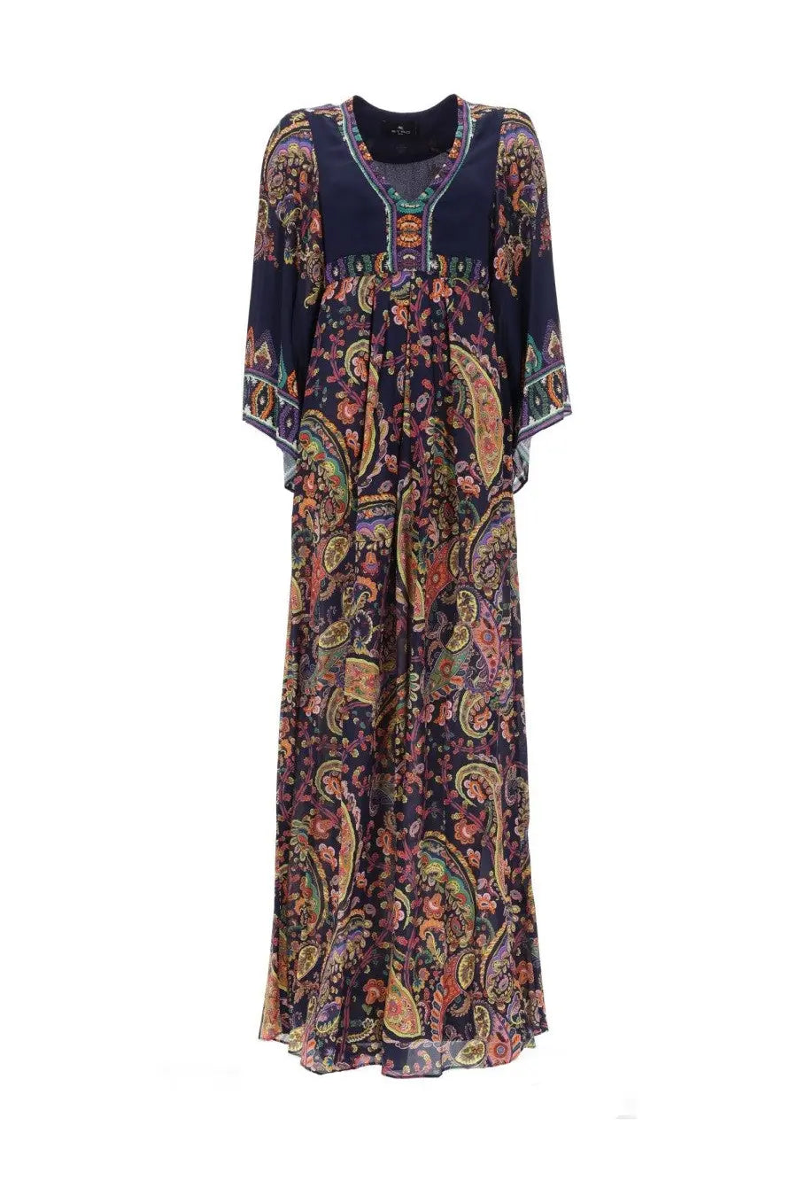 Etro women’s navy blue maxi dress with vibrant pink gold and green paisley print perfect for elegant occasions