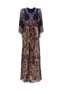 Etro women’s navy blue maxi dress with vibrant pink gold and green paisley print perfect for elegant occasions