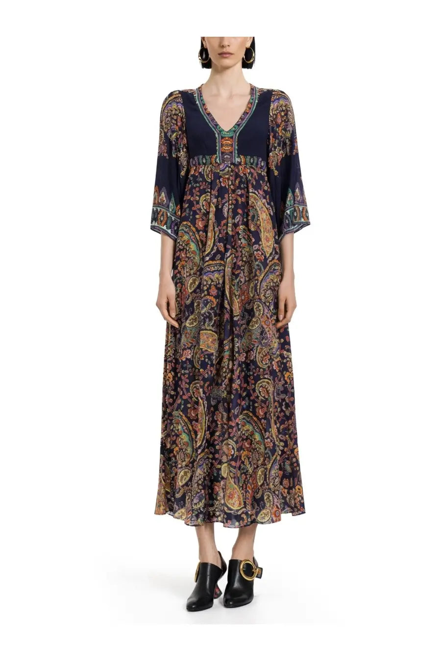 Etro women’s abito lungo con stampa paisley multicolor navy blue maxi dress with gold rust green paisley pattern and v-neckline