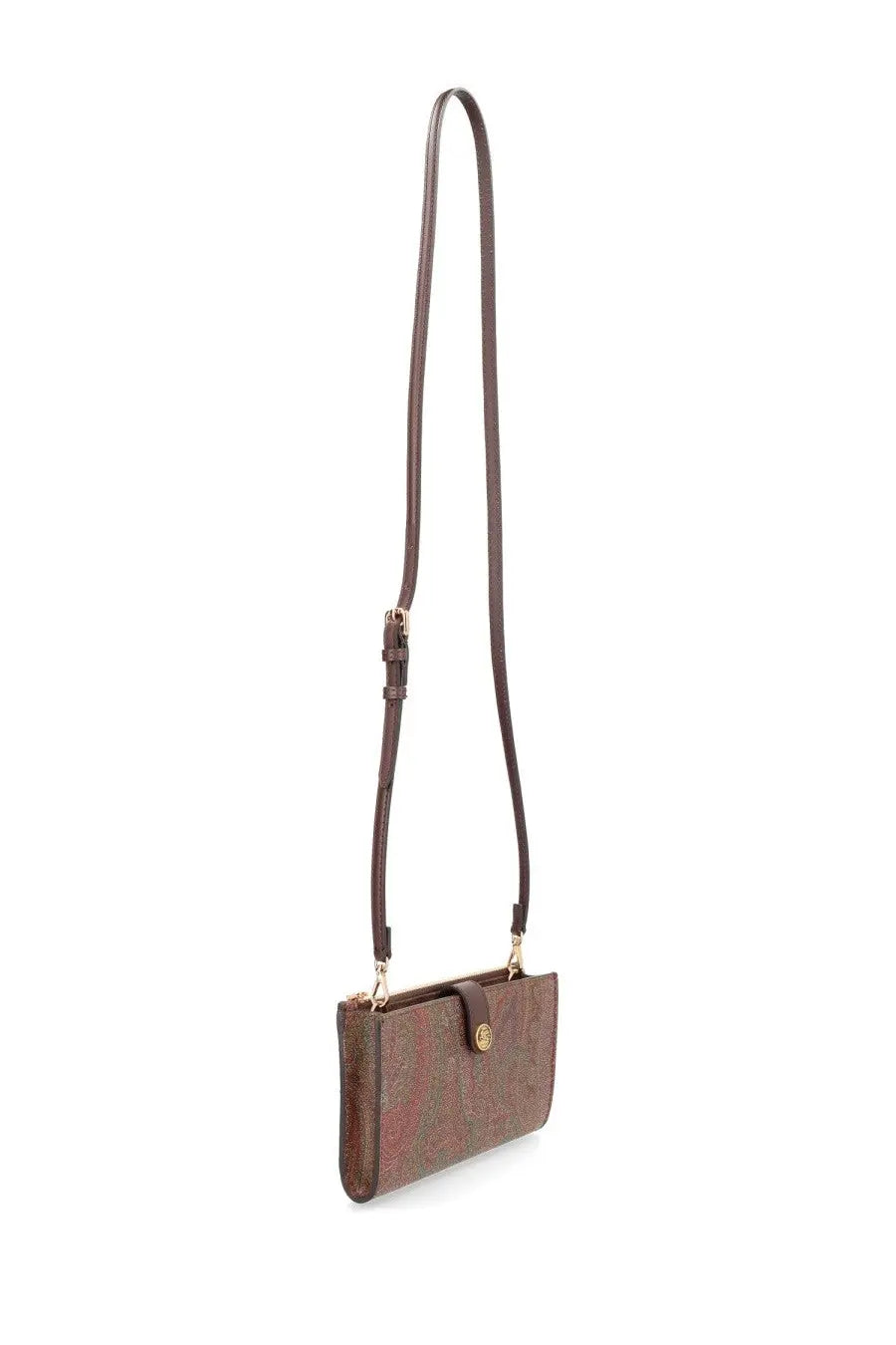 Etro women’s arnica shoulder wallet brown is a brown leather crossbody bag with subtle pattern and gold-tone hardware