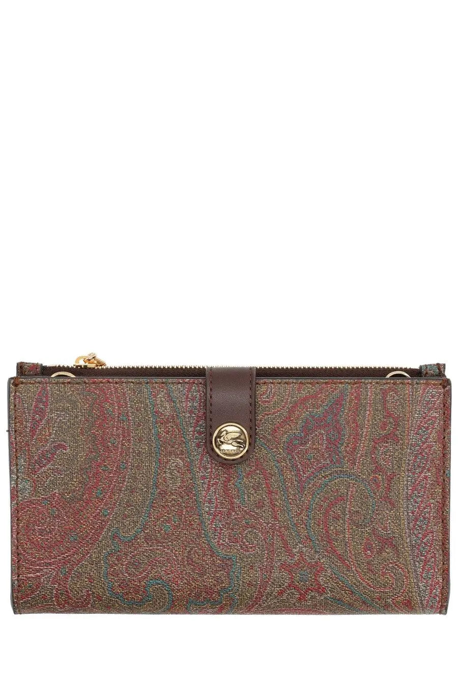Brown paisley-patterned etro women’s arnica shoulder wallet with gold-tone clasp and zipper closure