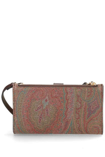 Etro women’s arnica shoulder wallet brown featuring a rectangular brownish-golden clutch with shimmering paisley pattern