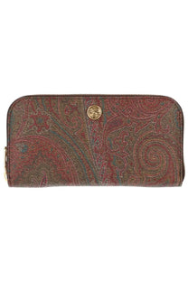 Etro women’s Arnica wallet brown with maroon and green paisley pattern and gold-tone logo button zipper closure