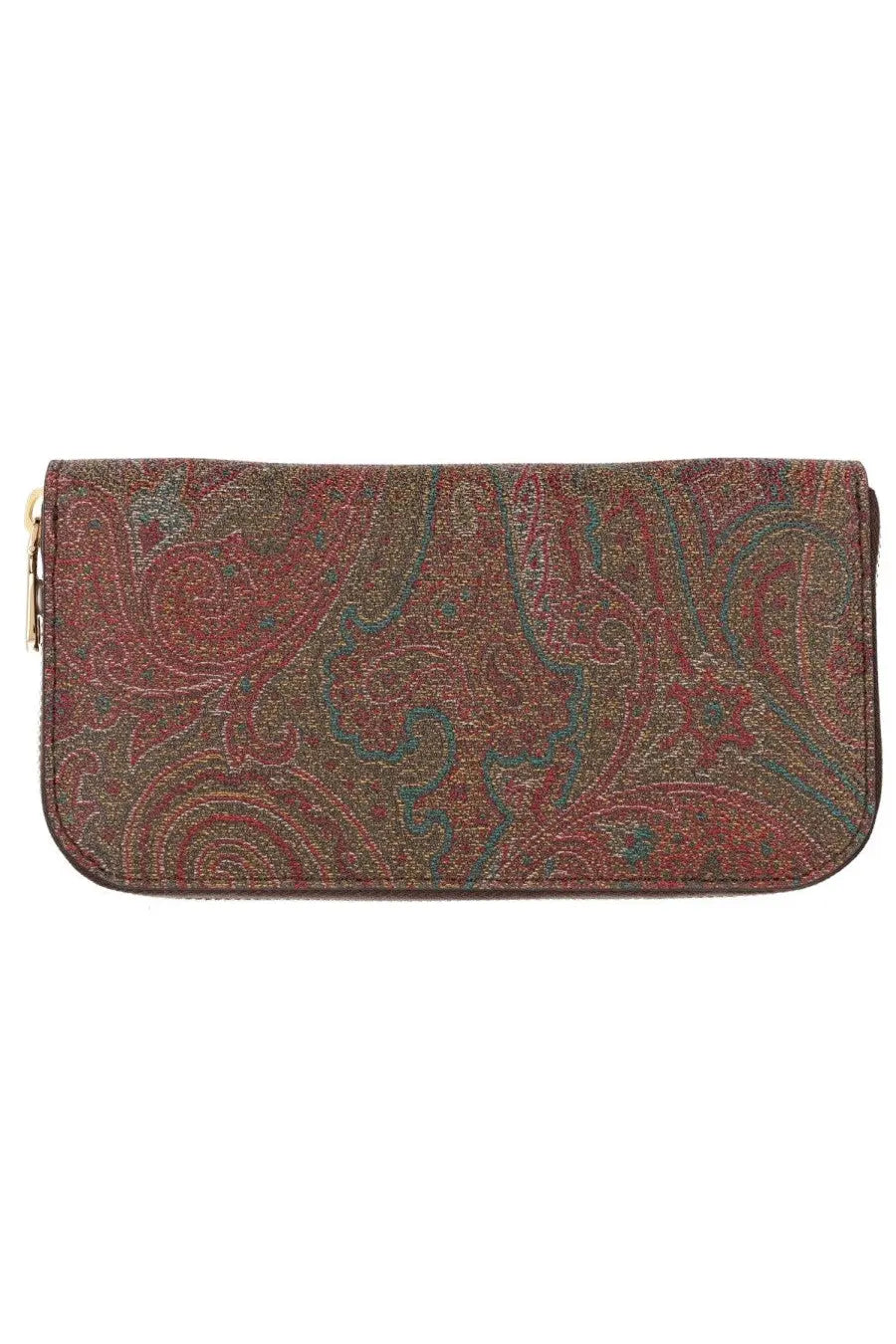 Etro women’s arnica wallet brown rectangular dark red and green paisley-patterned textured fabric zippered wallet