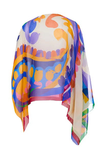 Etro women’s asymmetrical paisley print poncho in vibrant semi-transparent wrap with bold orange blue purple pink pattern