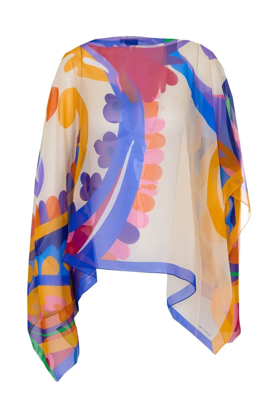 Etro women’s asymmetrical paisley print poncho multicolor silk cape with vibrant abstract floral and swirl patterns