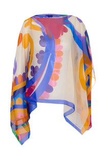 Etro women’s asymmetrical paisley print poncho multicolor silk cape with vibrant abstract floral and swirl patterns