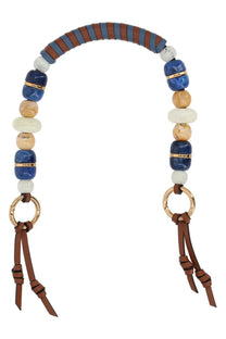 A stylish etro women’s bag handle with arched blue and brown leather sections polished beads and gold-tone rings