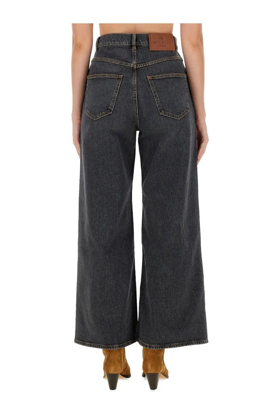 Etro women’s baggy jacquard jeans grey showing dark-wash denim wide-leg trousers with brown leather brand patch at waistband back view