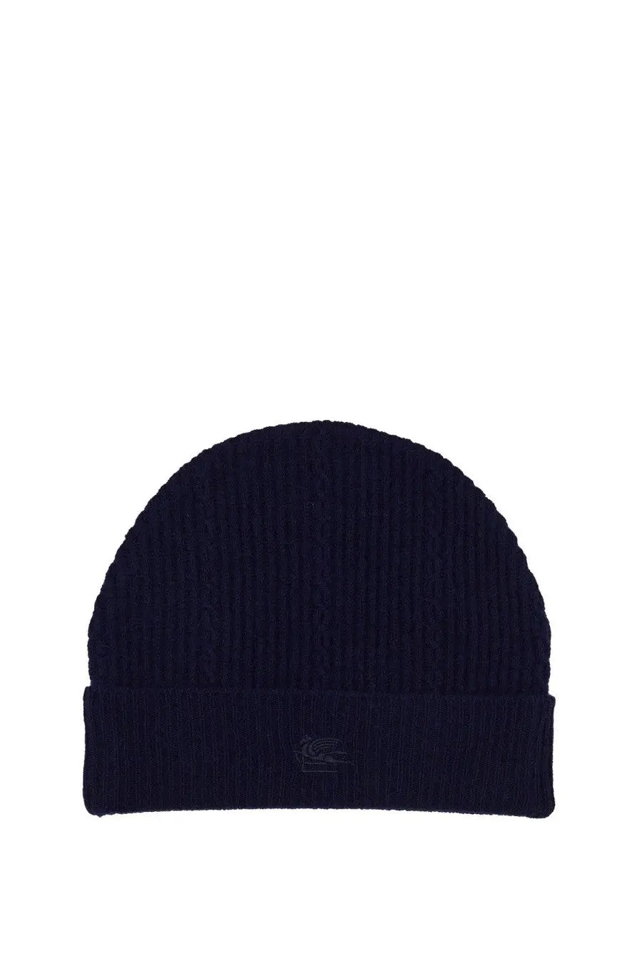 Etro women’s navy blue ribbed knit beanie hat with folded cuff and subtle embroidered logo for cold weather use