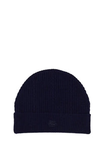 Etro women’s navy blue ribbed knit beanie hat with folded cuff and subtle embroidered logo for cold weather use