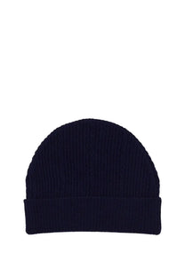 Navy blue ribbed knit beanie with folded cuff by Etro designed for women providing warmth and style