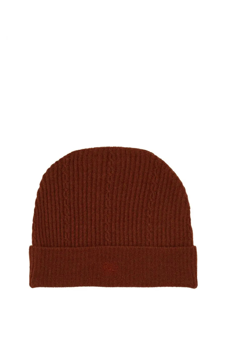Etro women’s ribbed knit beanie hat in rust red with a folded cuff designed for warmth and style