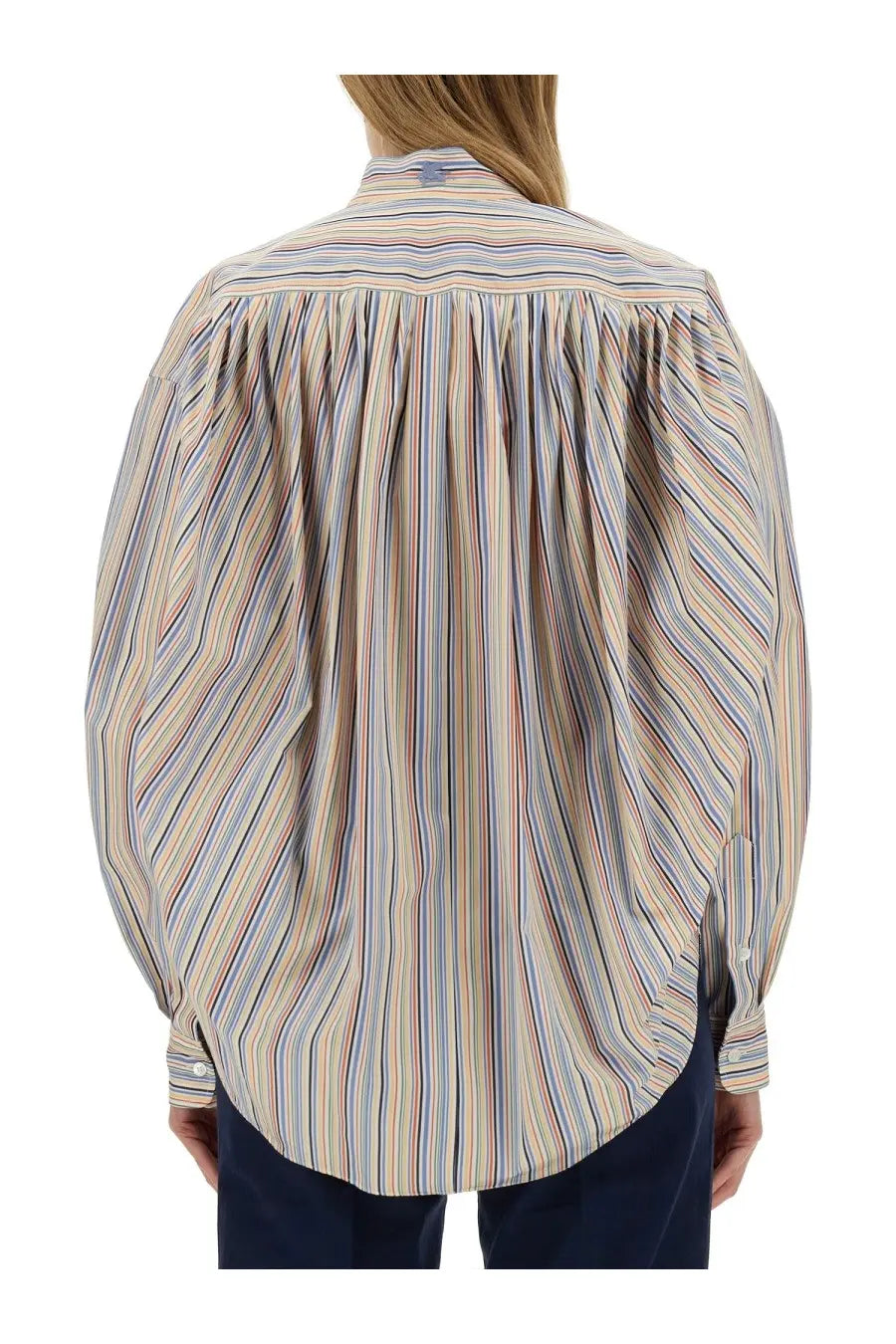 Etro women’s loose-fitting blouse with long sleeves in soft beige blue and red vertical stripes multicolor blend