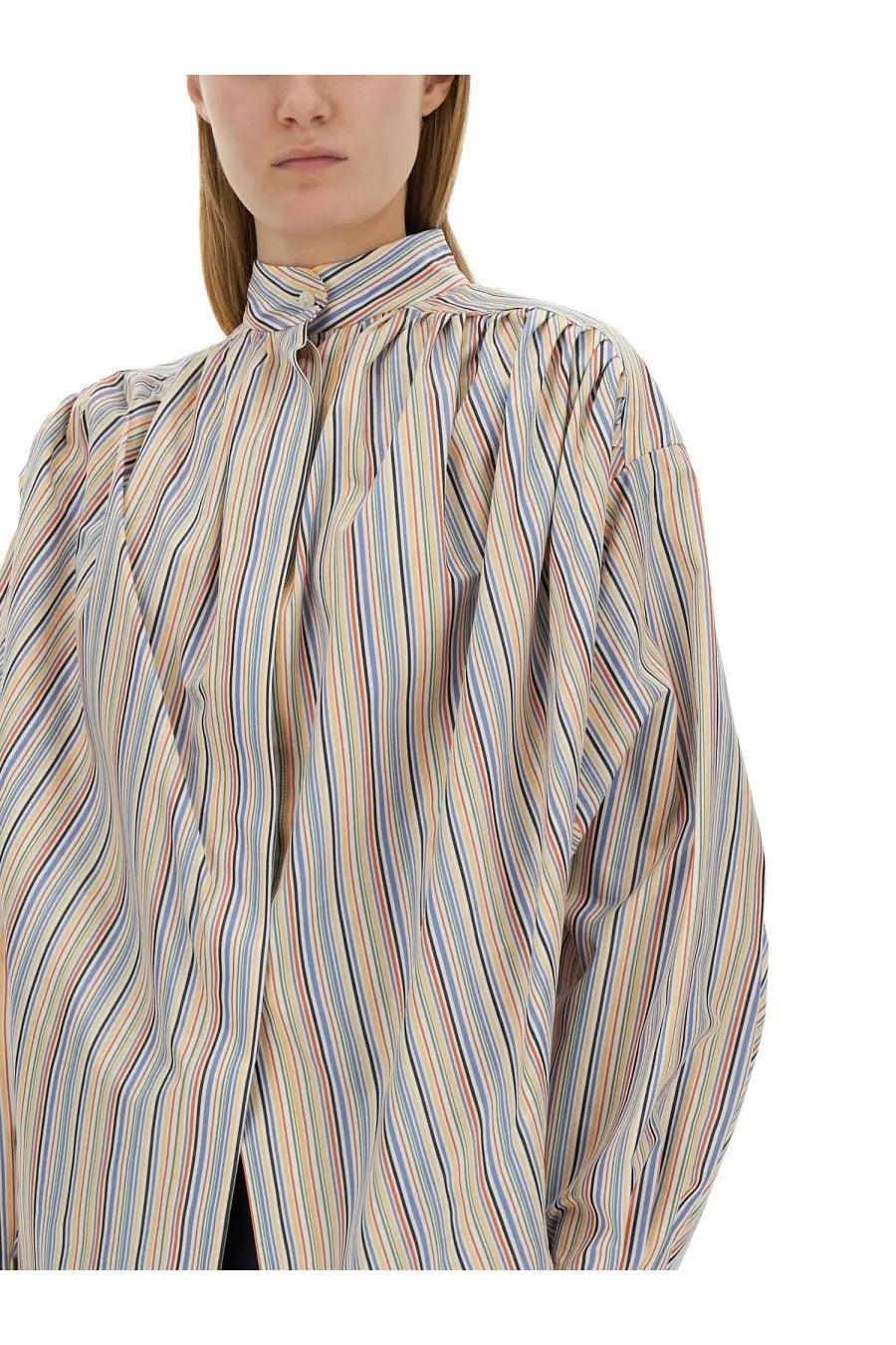 Etro women’s loose-fitting long-sleeved blouse with vertical stripes in soft pastel beige blue and pink tones