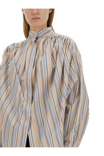 Etro women’s loose-fitting long-sleeved blouse with vertical stripes in soft pastel beige blue and pink tones