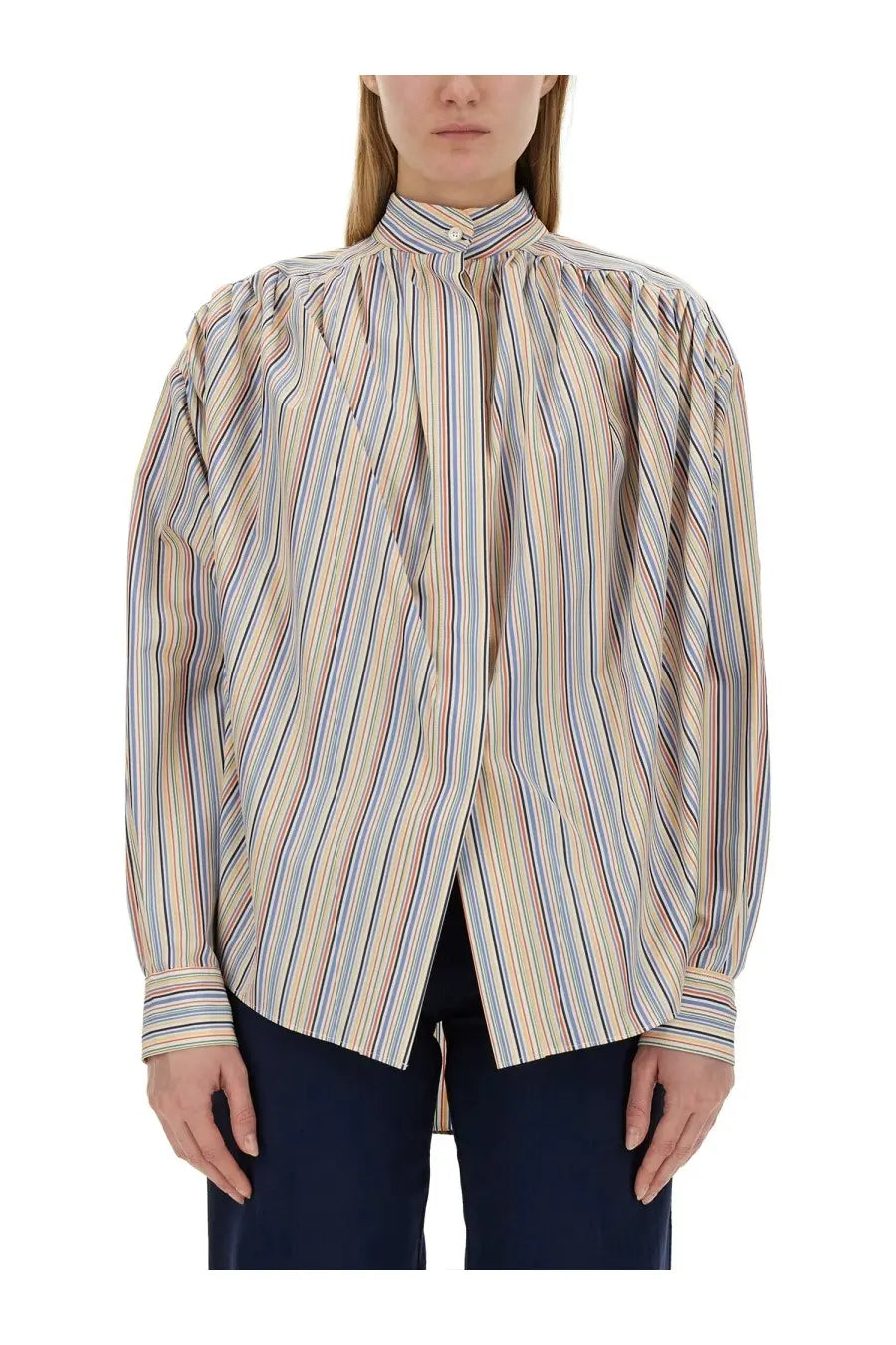 Etro women’s loose-fitting long-sleeved blouse with vertical pastel stripes in beige blue and pink