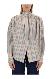 Etro women’s loose-fitting long-sleeved blouse with vertical pastel stripes in beige blue and pink
