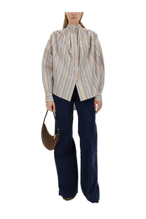 Etro women’s multicolor striped long-sleeved blouse with high collar and gathered waist in lightweight fabric