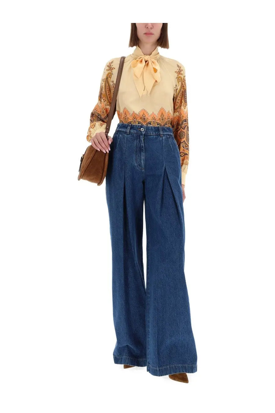 Etro women’s high-waisted wide-leg denim trousers in deep indigo with subtle front pleats and multicolor print
