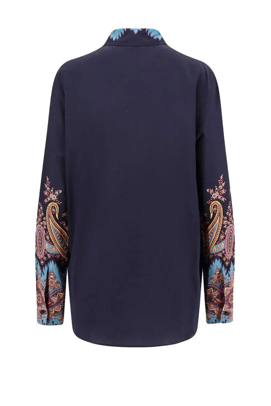 Etro women’s navy blue long-sleeved blouse with gold pink teal paisley patterns on cuffs and collar