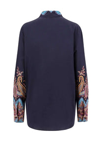 Etro women’s navy blue long-sleeved blouse with gold pink teal paisley patterns on cuffs and collar