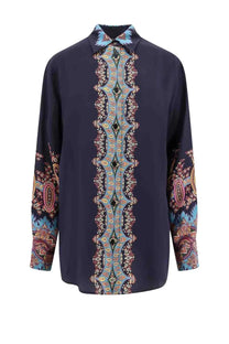 Etro women’s navy blue long-sleeved shirt with intricate teal burgundy and gold paisley pattern on placket sleeves and collar