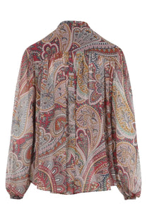 Etro women’s long-sleeved blouse in rich red and beige paisley with intricate floral motifs