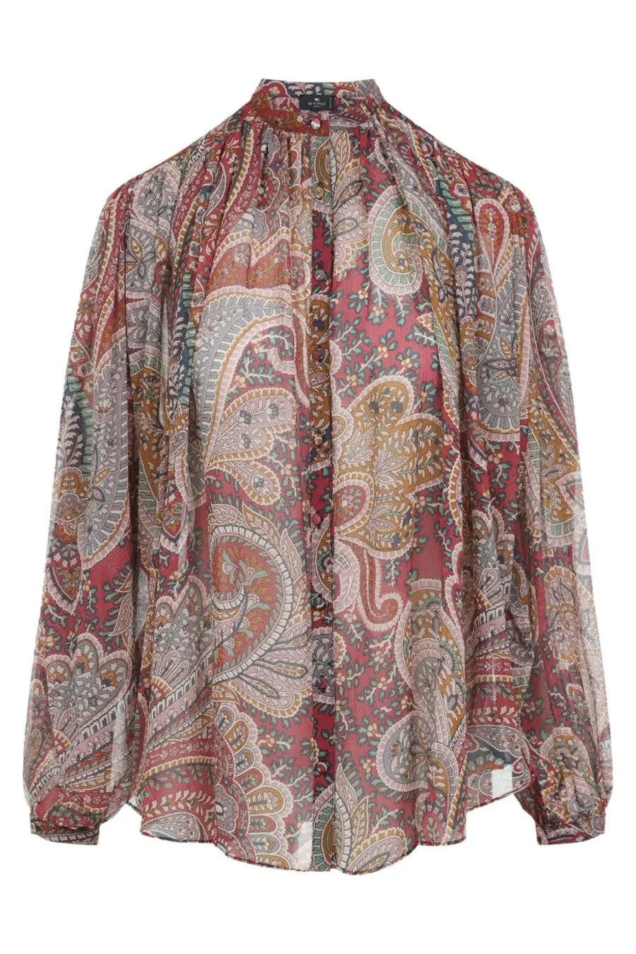Etro women’s flowing long-sleeved blouse with rich red and gold paisley pattern and subtle gray accents
