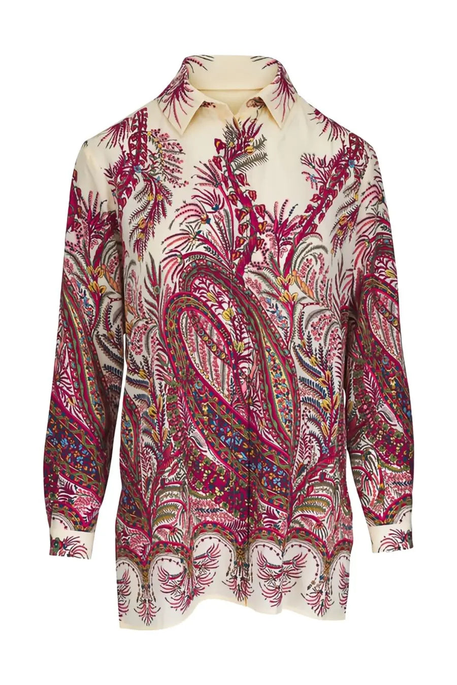 Etro women’s long-sleeved silk blouse with vibrant paisley floral print in magenta burgundy green and gold on off-white